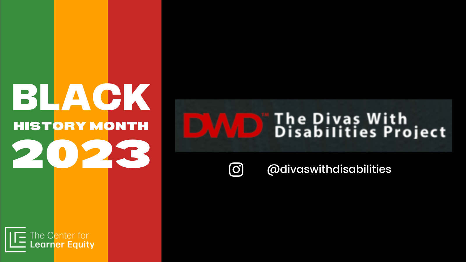 DWD in red, The Divas with Disabilities project in white on a black background.